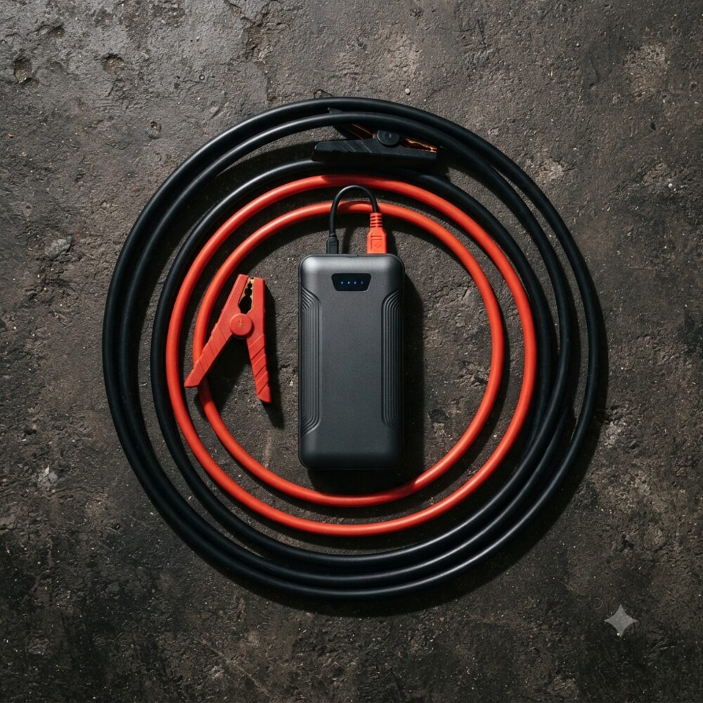 Rescue-kit flat lay: portable jump starter, clamps, cables, and gloves arranged on a dark surface