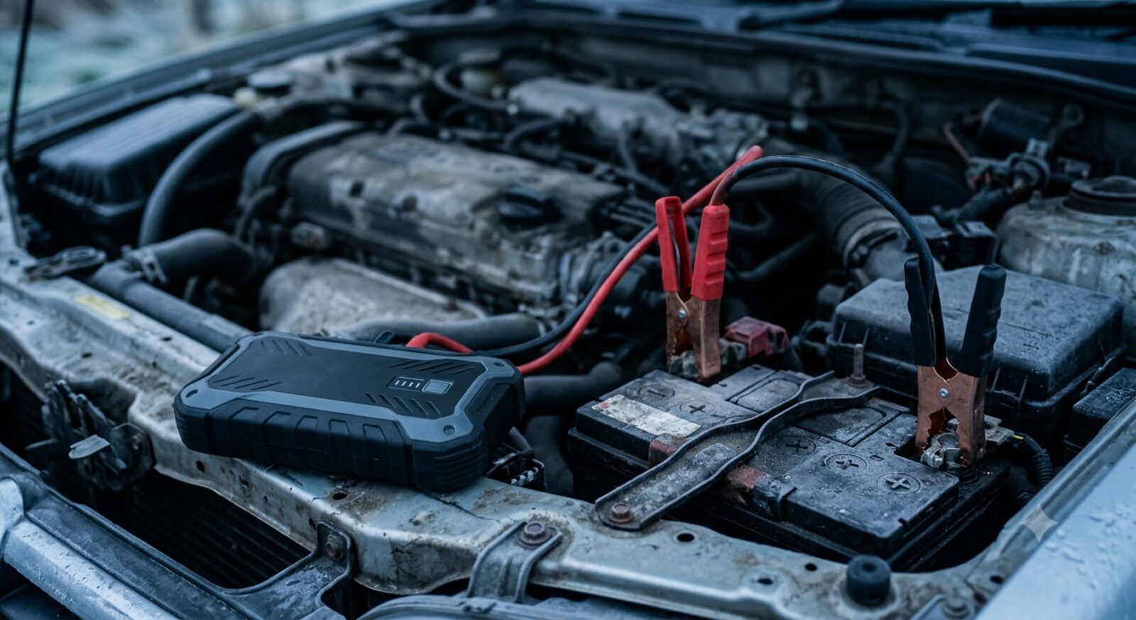 Portable jump starter connected inside a car engine bay
