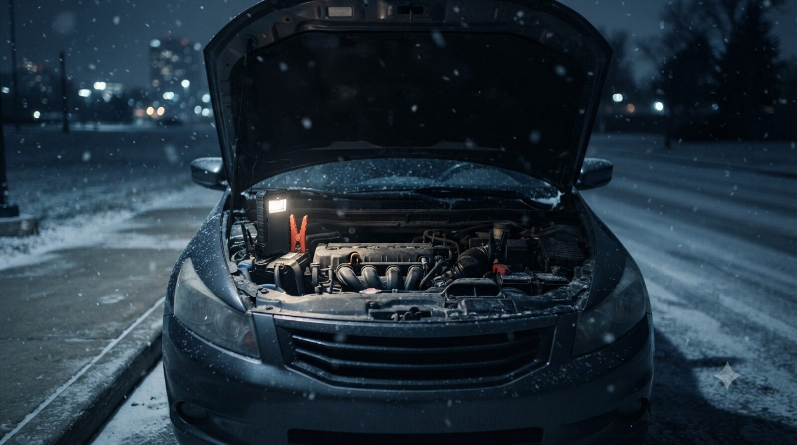 Portable jump starter clamps glowing orange on a car battery at night