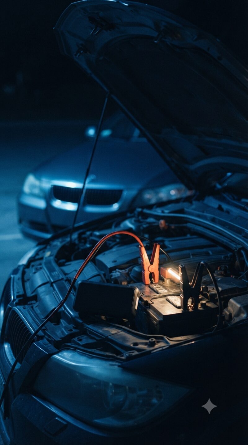 Jump starter clamps connected to battery terminals, glowing in the dark